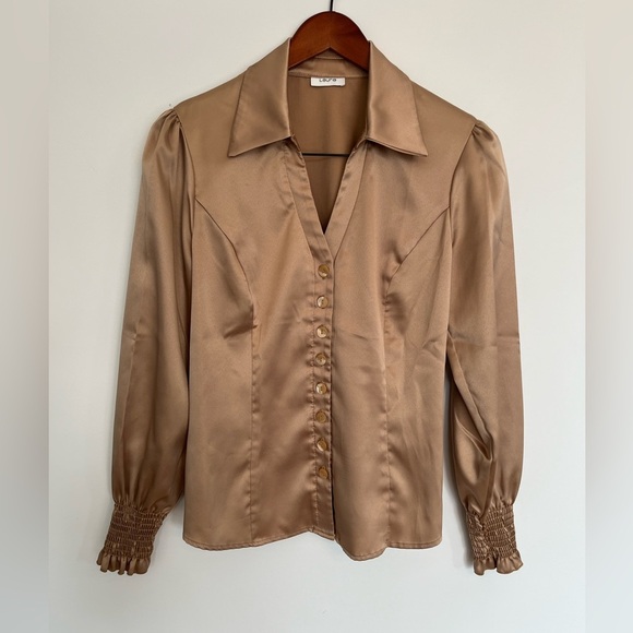 Laura gold Tan Blouse smocked cuffs size 6 - Picture 2 of 6